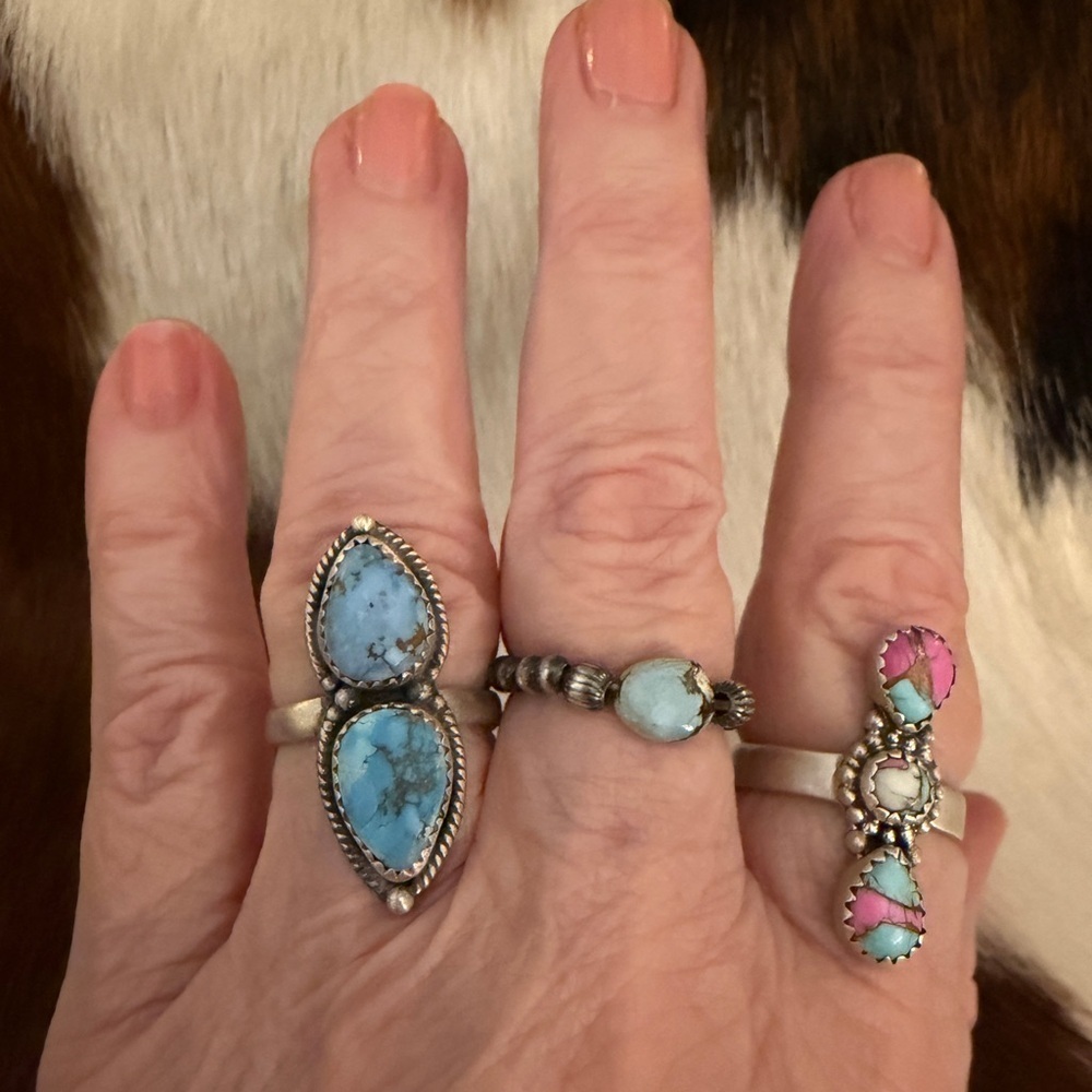 ❤️ Golden Hills 2 Stone Turquoise Sterling Navajo Style Ring Size 5 to 7.5 ADJ - Picture 4 of 14